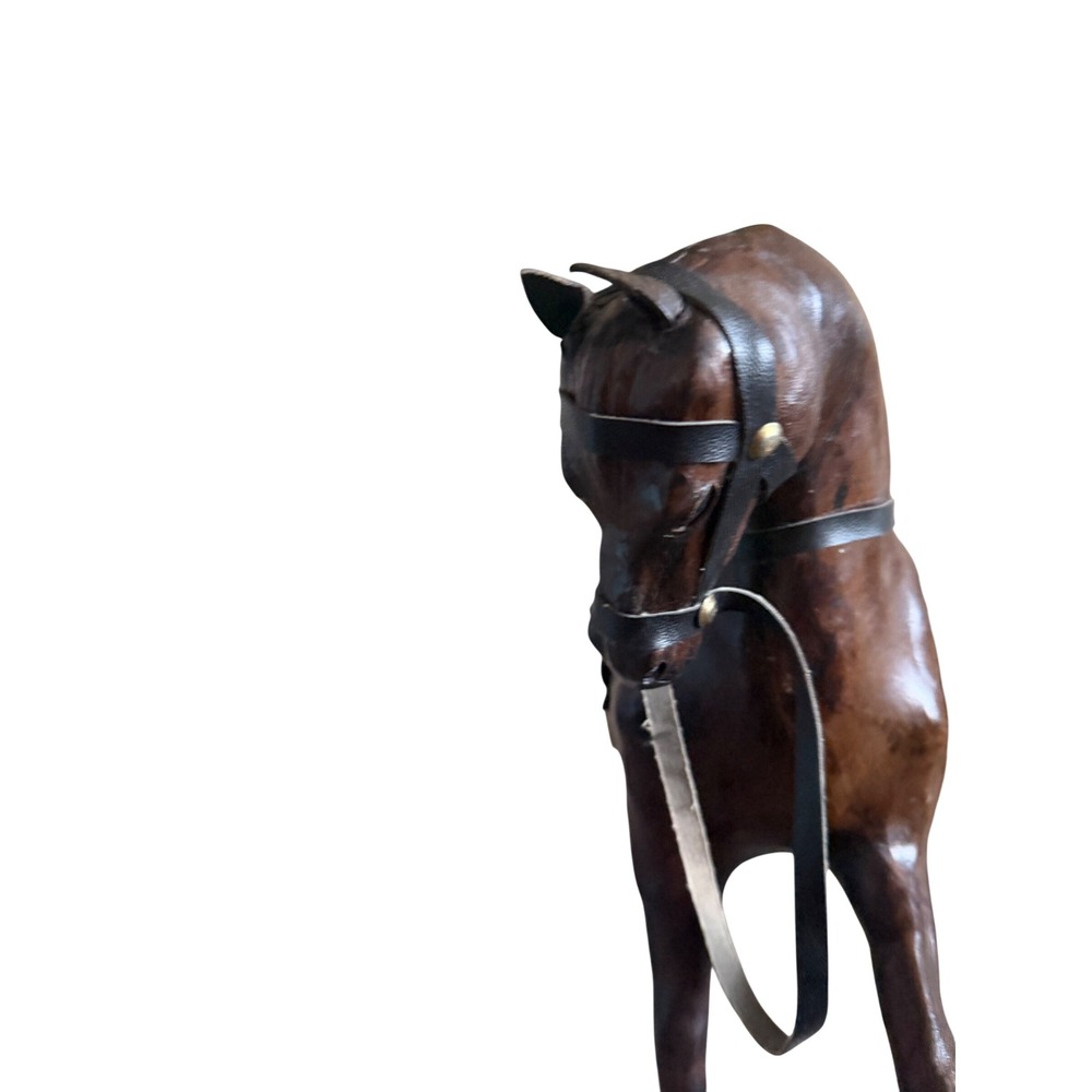 Vintage Leather Wrapped Horse Figurine Statue Equestrian Decor Brown Saddle - Picture 2 of 8